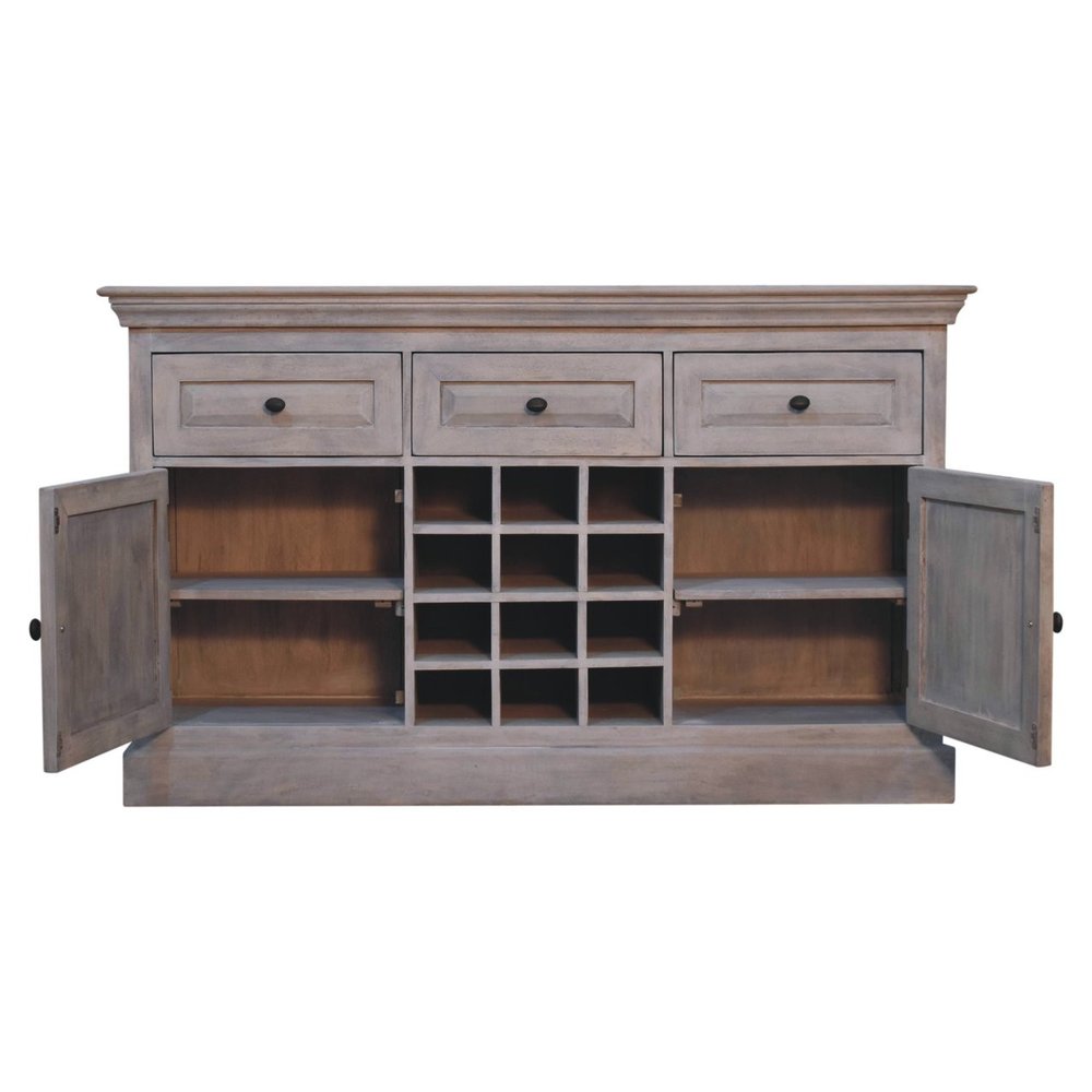 59" Brown Distressed Solid Wood Three Drawer Buffet Table With Two Doors