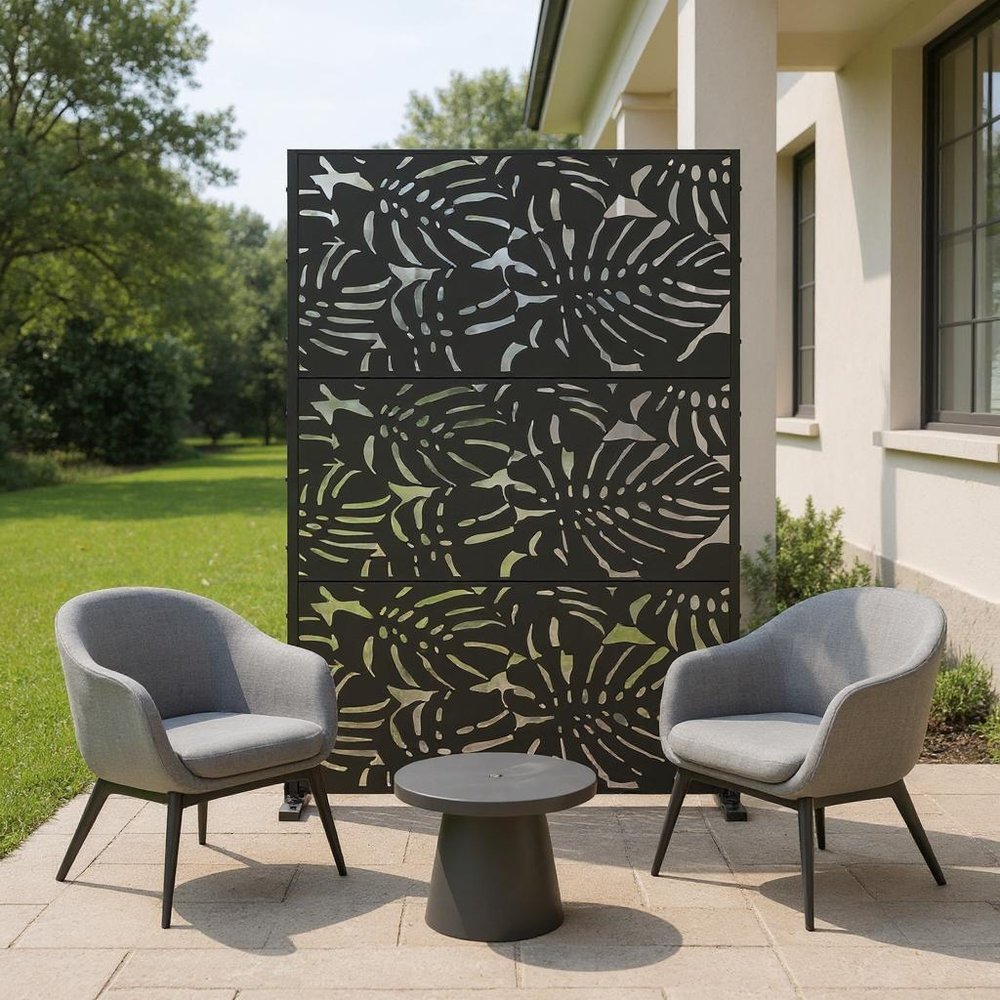 72" Black Argyle Steel Three Panel Outdoor Privacy Screen
