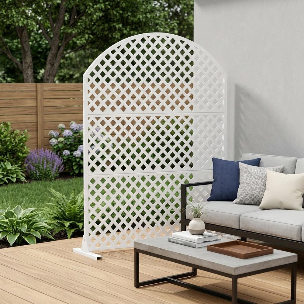 72" White Argyle Steel Three Panel Outdoor Privacy Screen