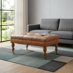 35" Light Brown Rolling Genuine Leather Tufted Ottoman