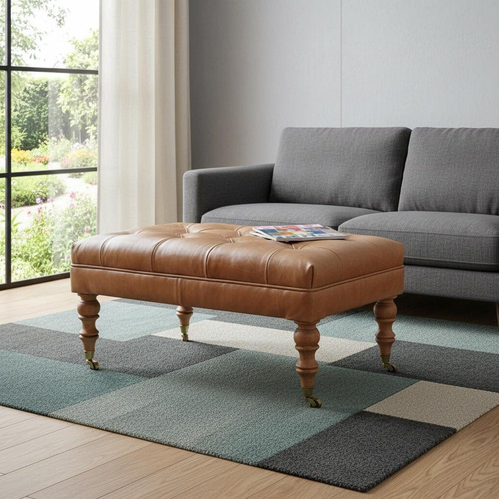 35" Light Brown Rolling Genuine Leather Tufted Ottoman