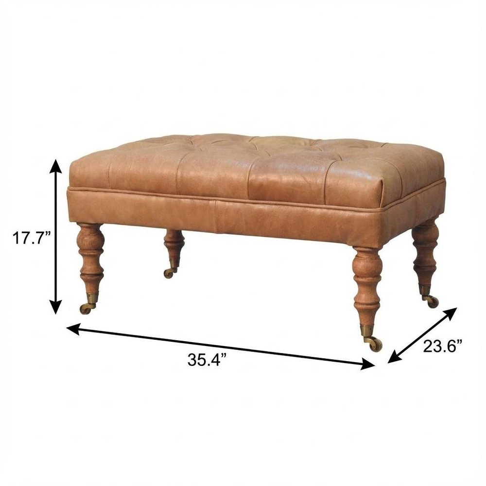 35" Black Brass And Brown Rolling Genuine Leather Tufted Ottoman