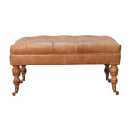 35" Light Brown Rolling Genuine Leather Tufted Ottoman