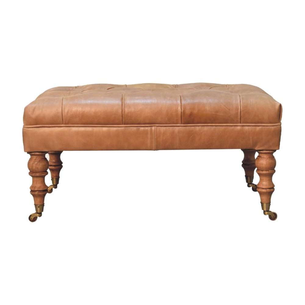 35" Light Brown Rolling Genuine Leather Tufted Ottoman
