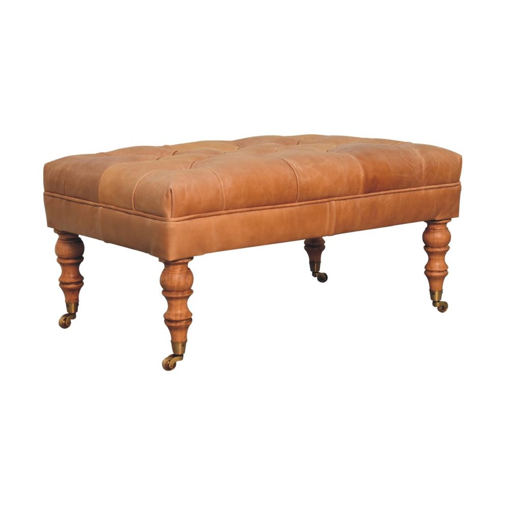 35" Light Brown Rolling Genuine Leather Tufted Ottoman