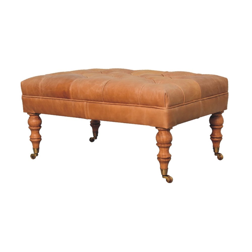 35" Light Brown Rolling Genuine Leather Tufted Ottoman