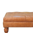 35" Light Brown Rolling Genuine Leather Tufted Ottoman