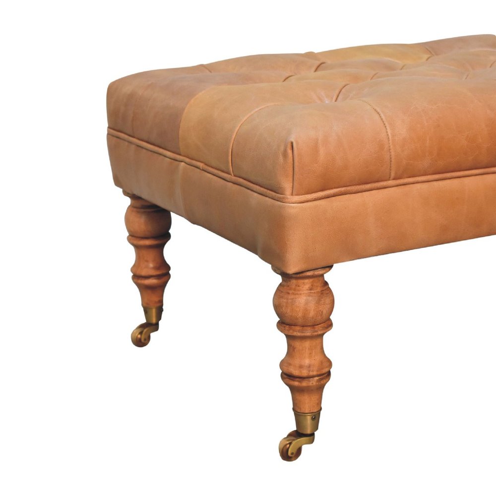 35" Light Brown Rolling Genuine Leather Tufted Ottoman