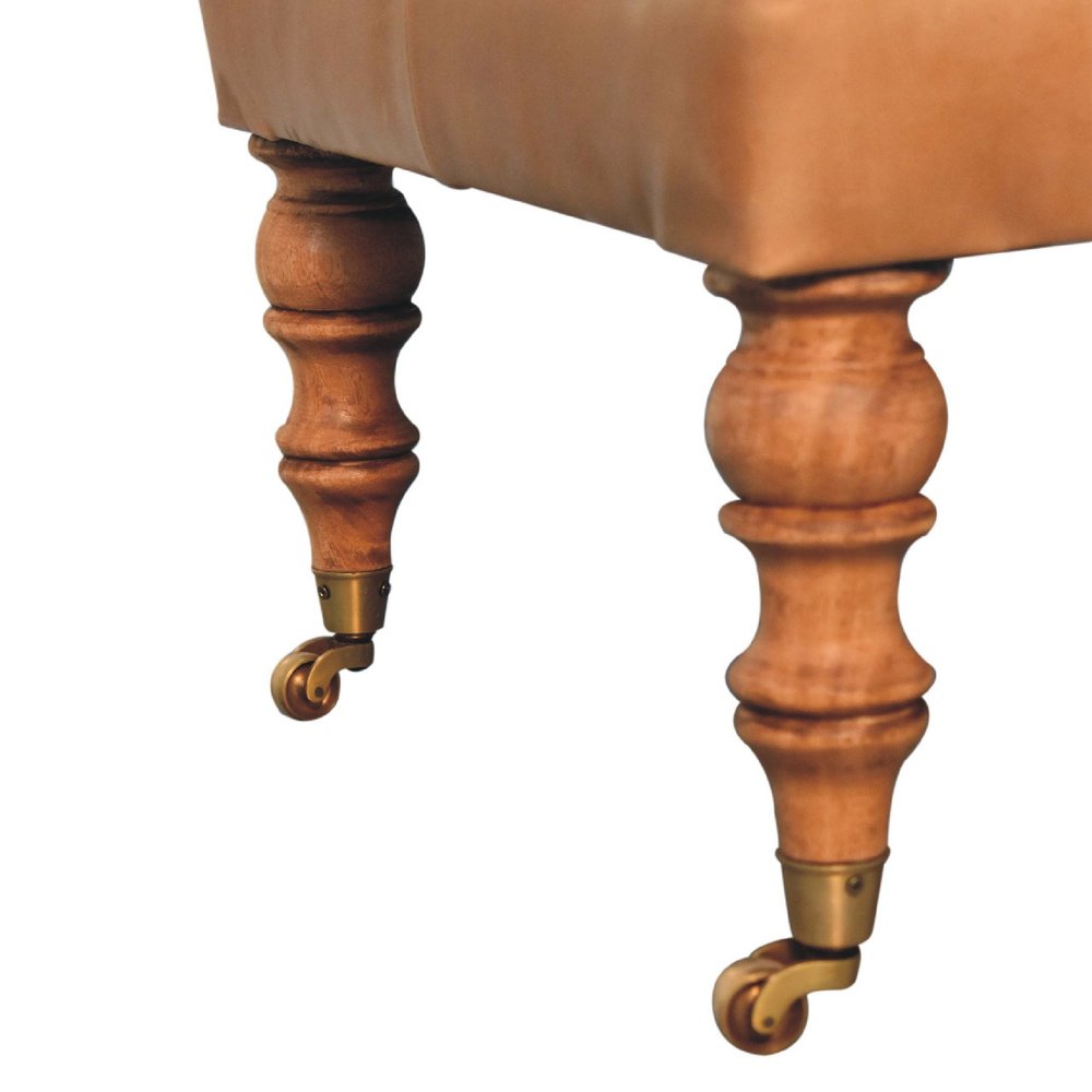 35" Light Brown Rolling Genuine Leather Tufted Ottoman