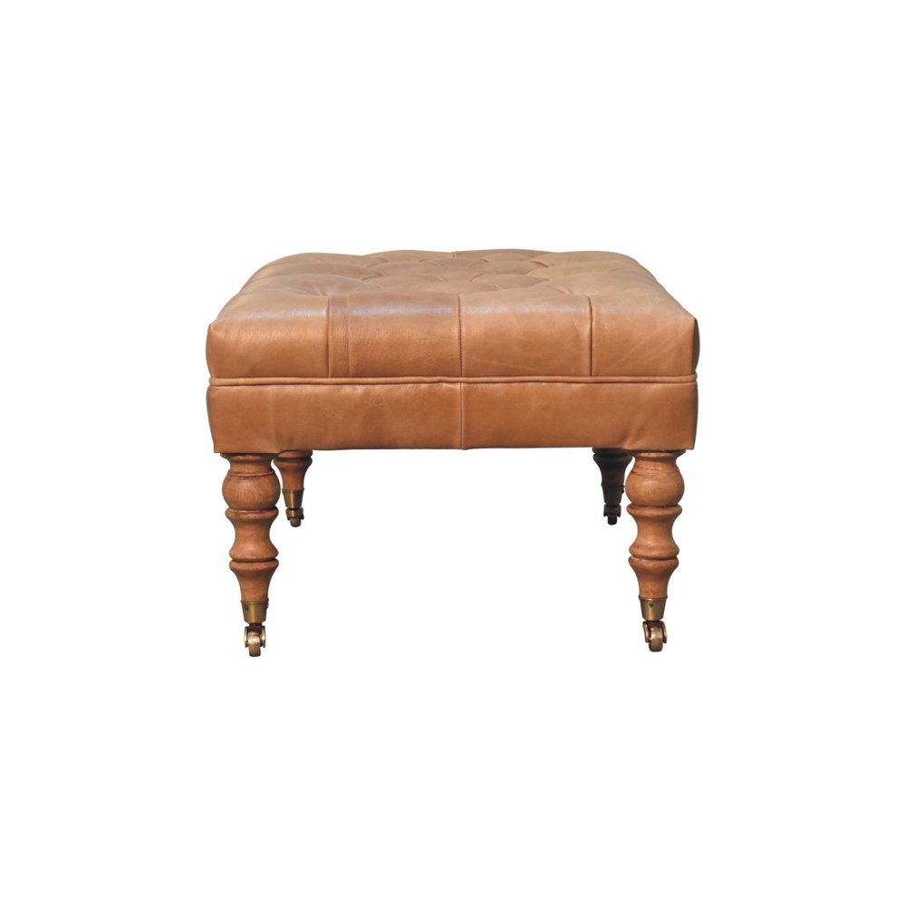 35" Light Brown Rolling Genuine Leather Tufted Ottoman