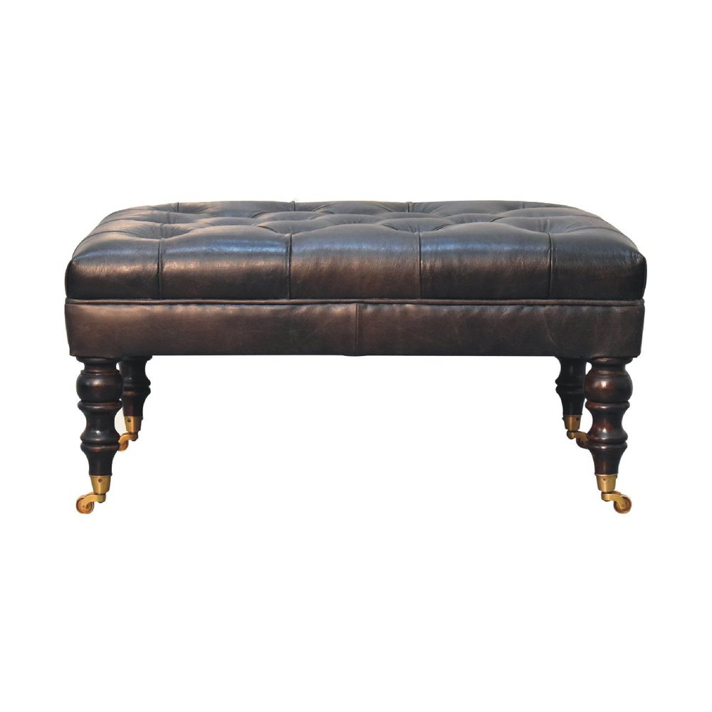 35" Light Brown Rolling Genuine Leather Tufted Ottoman