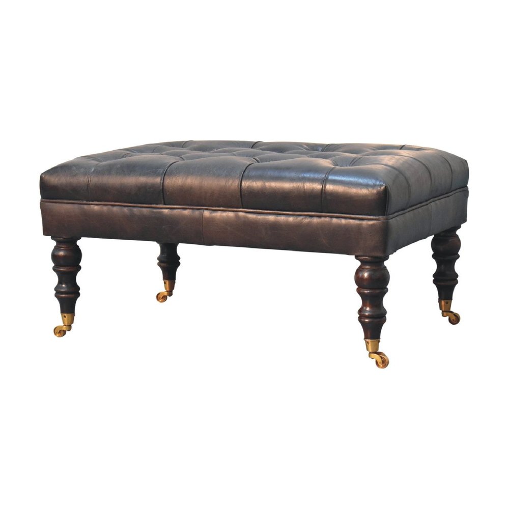 35" Light Brown Rolling Genuine Leather Tufted Ottoman