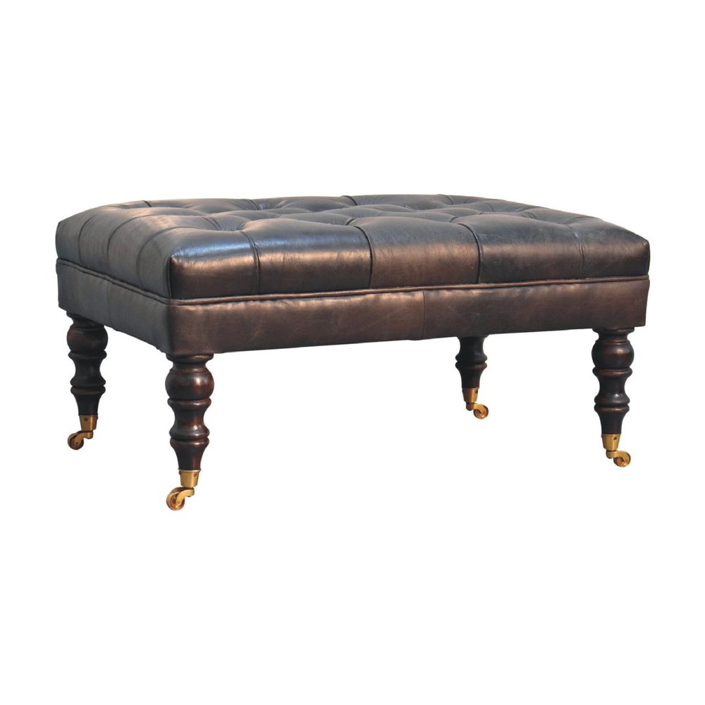 35" Light Brown Rolling Genuine Leather Tufted Ottoman