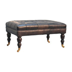 35" Light Brown Rolling Genuine Leather Tufted Ottoman