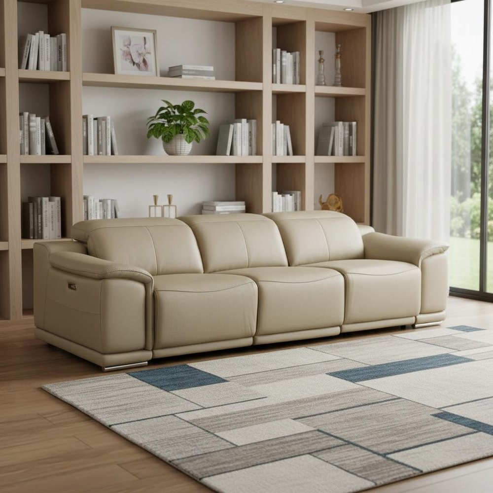 107" Light Gray Italian Leather Reclining USB Sofa