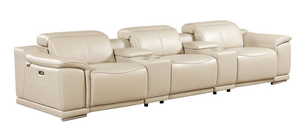 134" Beige Italian Leather Reclining USB and Wireless Charger Sofa And Storage