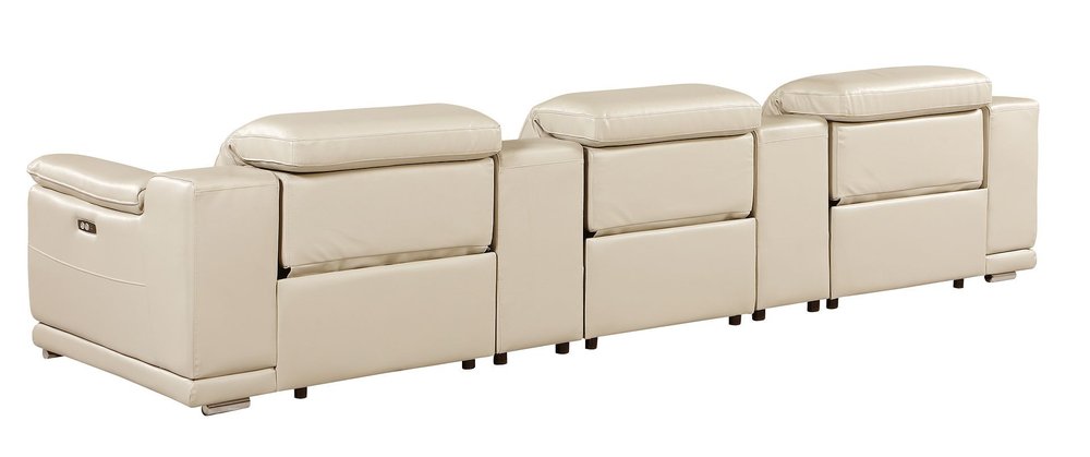 134" Beige Italian Leather Reclining USB and Wireless Charger Sofa And Storage