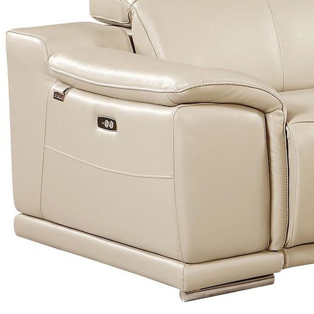 134" Beige Italian Leather Reclining USB and Wireless Charger Sofa And Storage