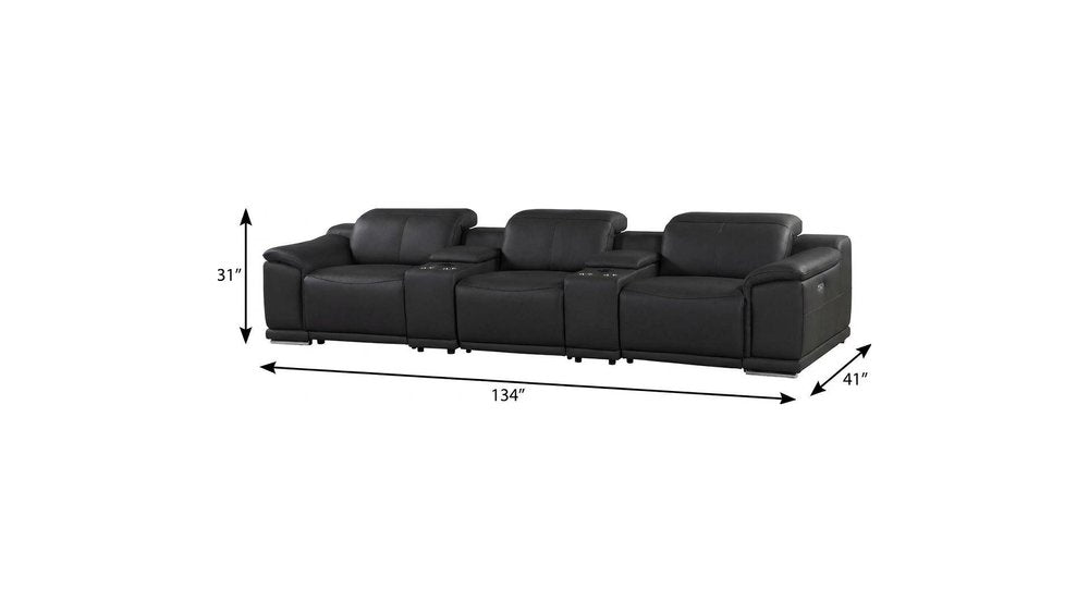 134" Beige Italian Leather Reclining USB and Wireless Charger Sofa And Storage