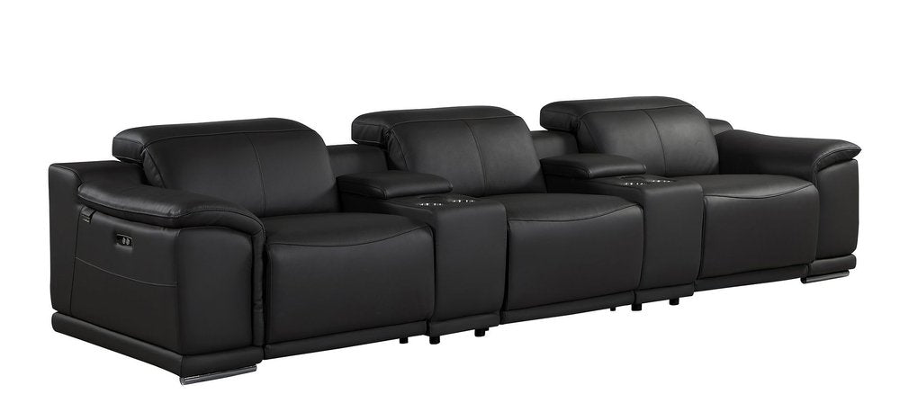 134" Beige Italian Leather Reclining USB and Wireless Charger Sofa And Storage