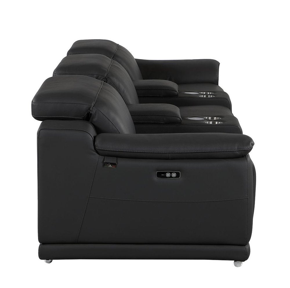 134" Beige Italian Leather Reclining USB and Wireless Charger Sofa And Storage