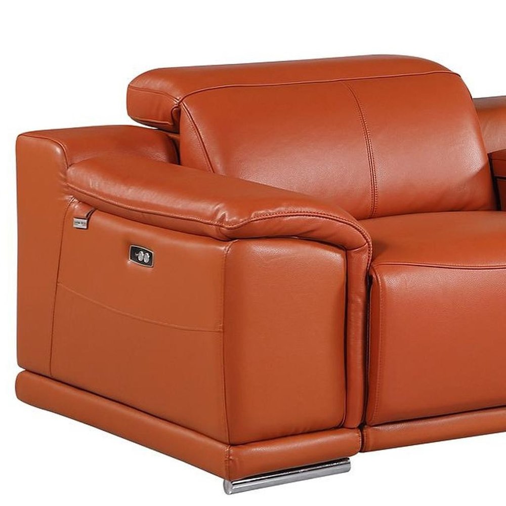 134" Beige Italian Leather Reclining USB and Wireless Charger Sofa And Storage