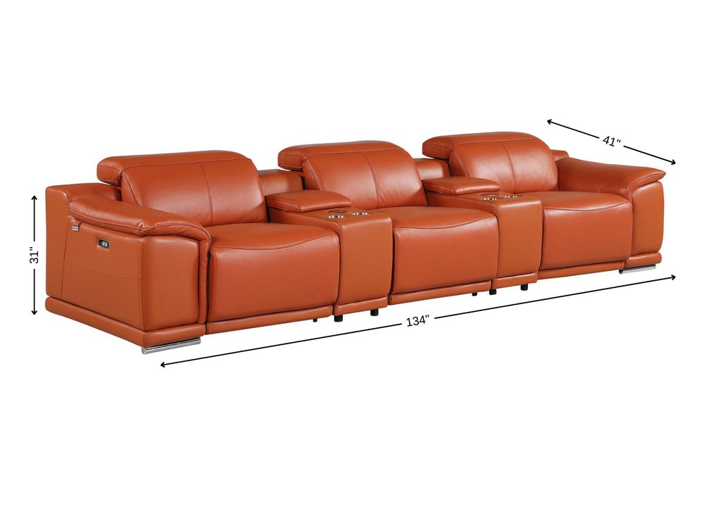 134" Beige Italian Leather Reclining USB and Wireless Charger Sofa And Storage