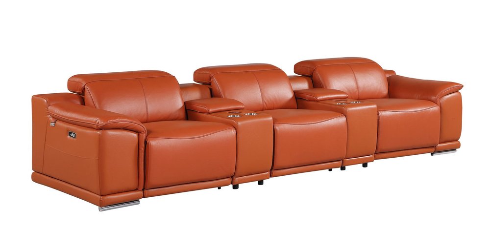 134" Beige Italian Leather Reclining USB and Wireless Charger Sofa And Storage
