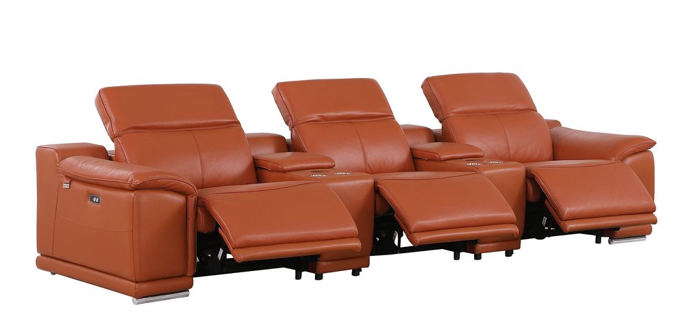 134" Beige Italian Leather Reclining USB and Wireless Charger Sofa And Storage