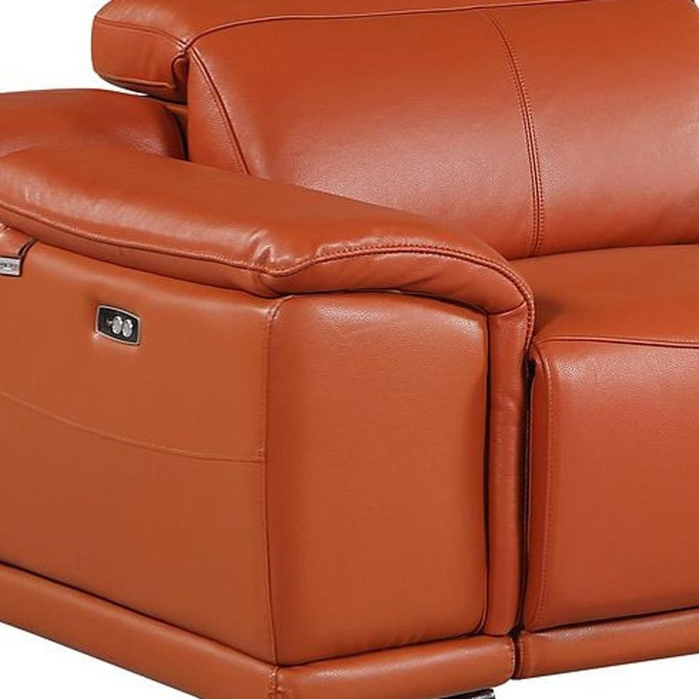 134" Beige Italian Leather Reclining USB and Wireless Charger Sofa And Storage