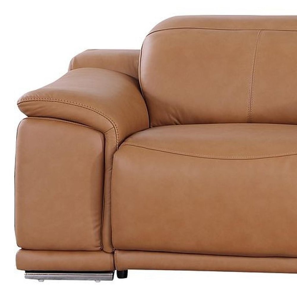 134" Beige Italian Leather Reclining USB and Wireless Charger Sofa And Storage