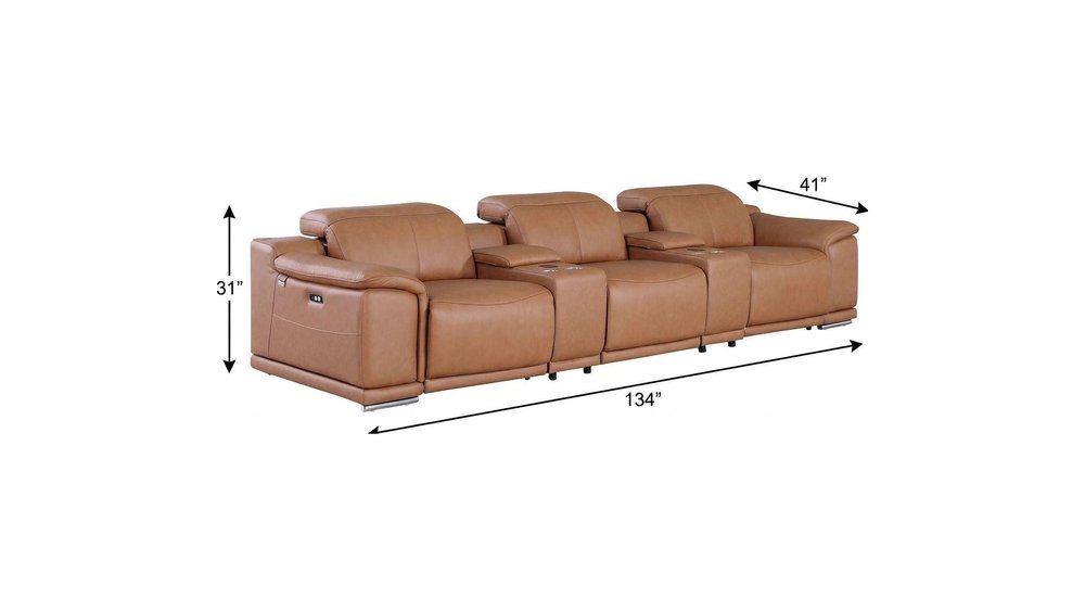 134" Beige Italian Leather Reclining USB and Wireless Charger Sofa And Storage