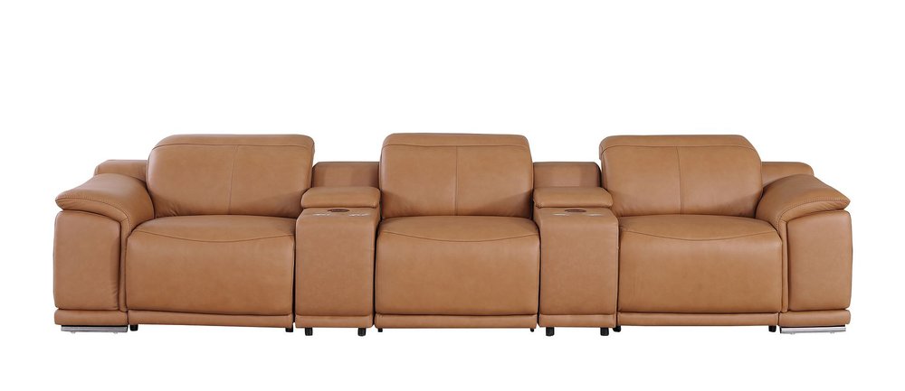 134" Beige Italian Leather Reclining USB and Wireless Charger Sofa And Storage