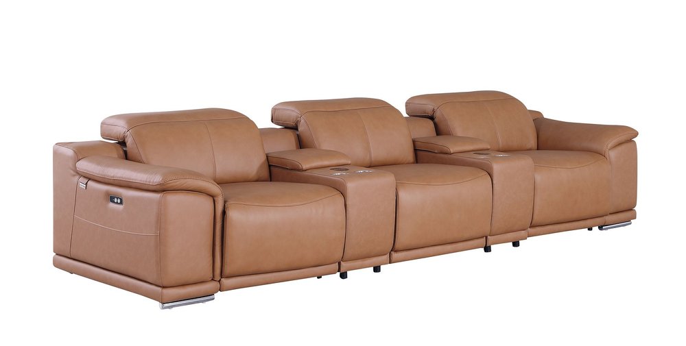 134" Beige Italian Leather Reclining USB and Wireless Charger Sofa And Storage