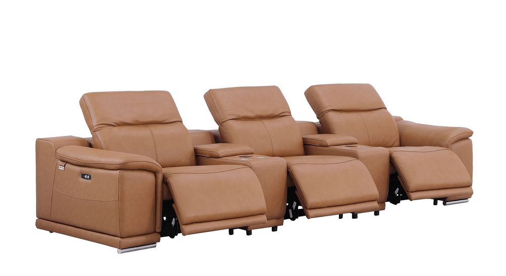 134" Beige Italian Leather Reclining USB and Wireless Charger Sofa And Storage