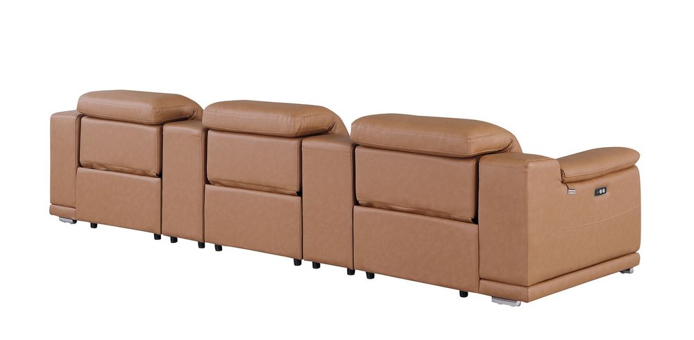 134" Beige Italian Leather Reclining USB and Wireless Charger Sofa And Storage