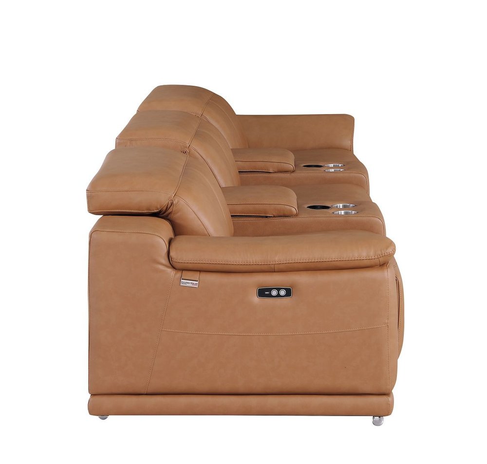 134" Beige Italian Leather Reclining USB and Wireless Charger Sofa And Storage