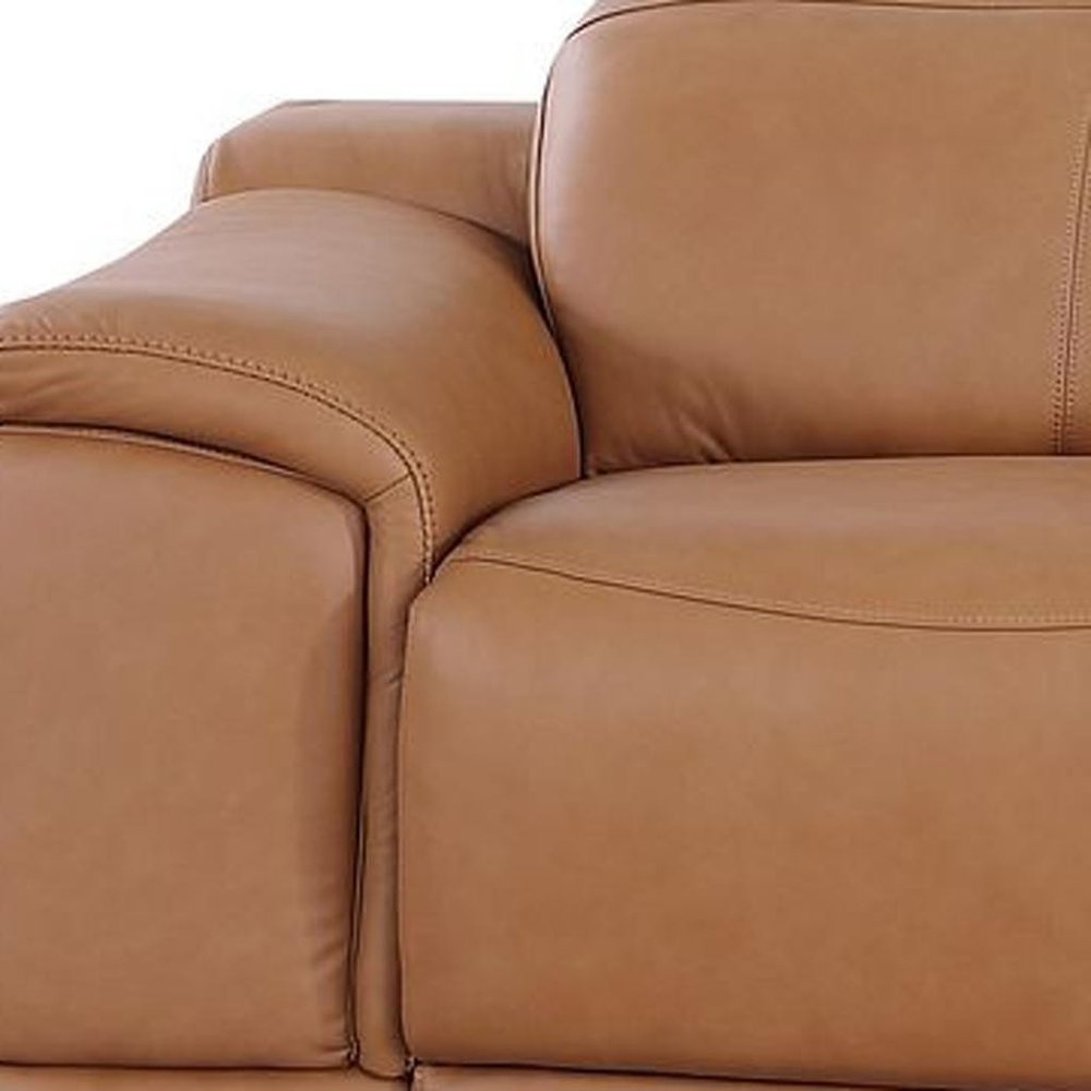 134" Beige Italian Leather Reclining USB and Wireless Charger Sofa And Storage