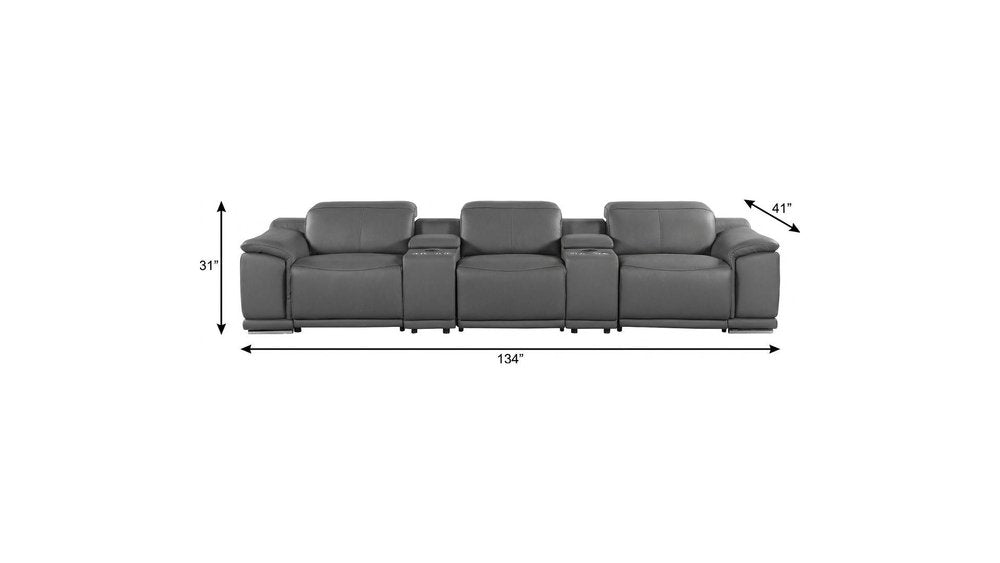 134" Beige Italian Leather Reclining USB and Wireless Charger Sofa And Storage