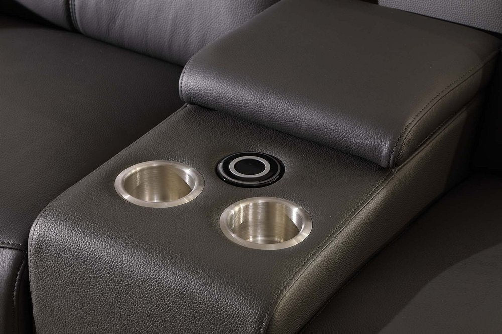 134" Beige Italian Leather Reclining USB and Wireless Charger Sofa And Storage
