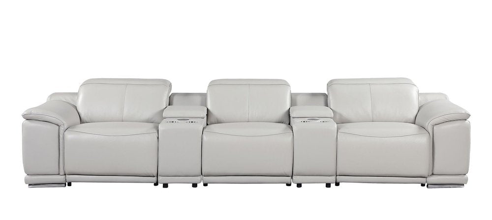 134" Beige Italian Leather Reclining USB and Wireless Charger Sofa And Storage
