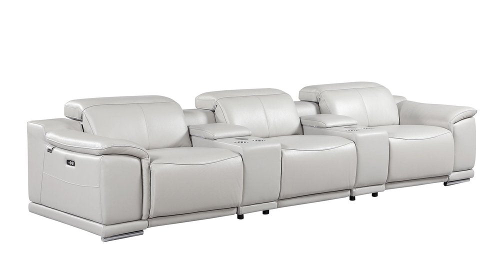 134" Beige Italian Leather Reclining USB and Wireless Charger Sofa And Storage