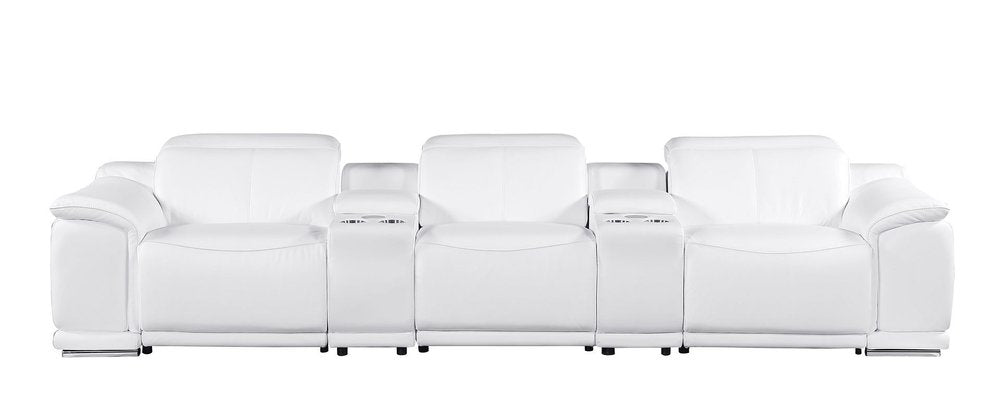 134" Beige Italian Leather Reclining USB and Wireless Charger Sofa And Storage