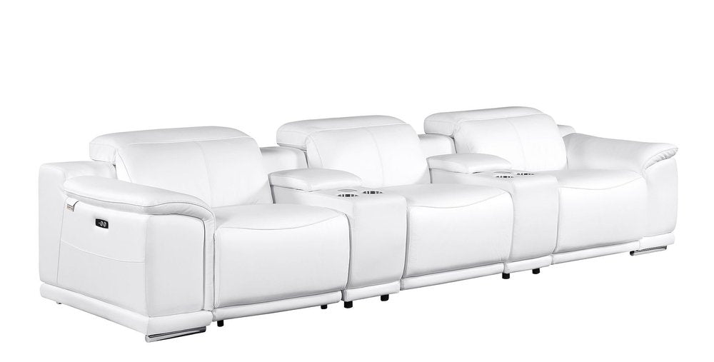 134" Beige Italian Leather Reclining USB and Wireless Charger Sofa And Storage