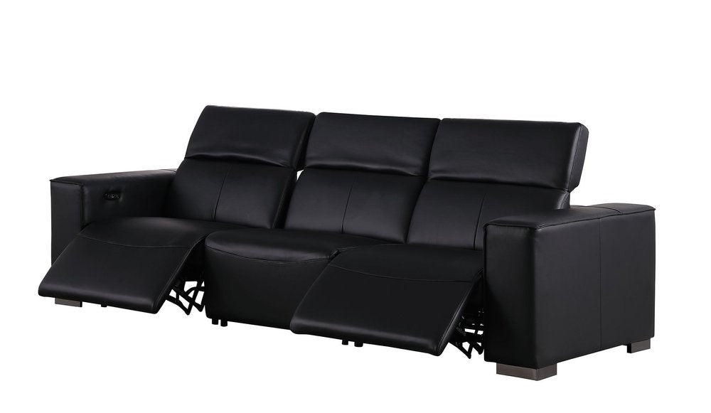 110" Black Top Grain Leather Reclining USB Sofa