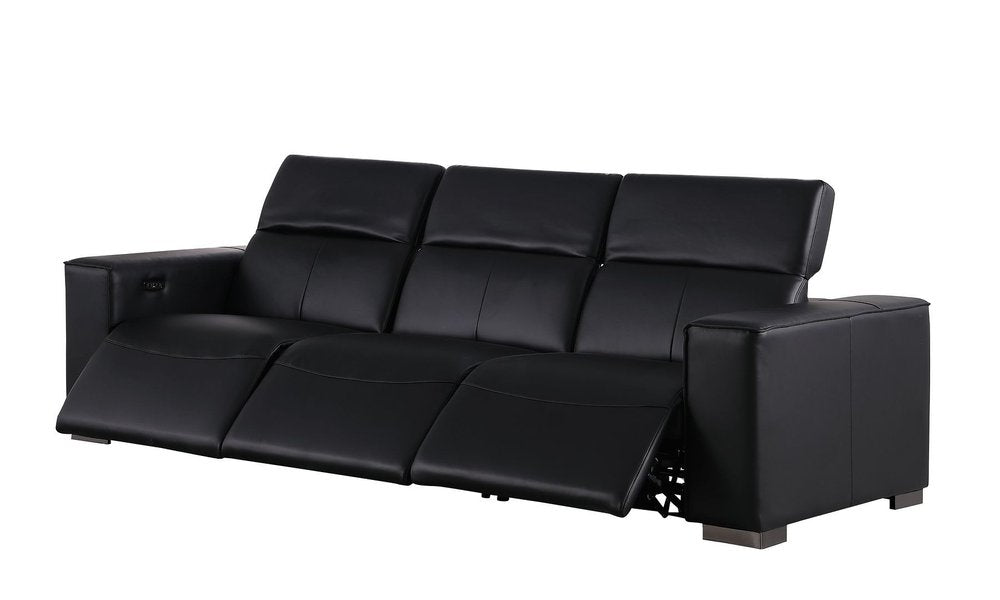 110" Black Top Grain Leather Reclining USB Sofa