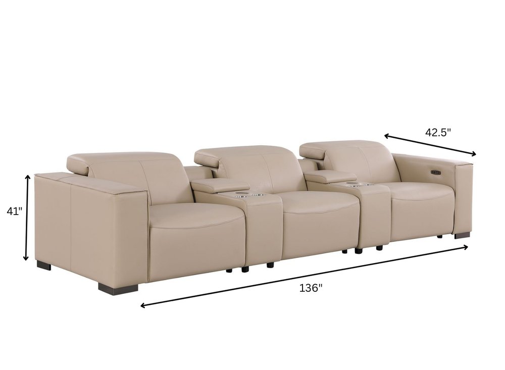 136" Black Top Grain Leather Reclining USB and Wireless Charger Sofa And Storage
