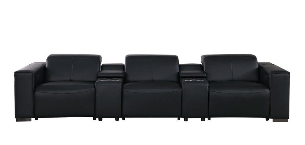 136" Black Top Grain Leather Reclining USB and Wireless Charger Sofa And Storage