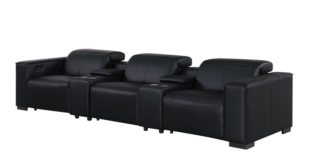 136" Black Top Grain Leather Reclining USB and Wireless Charger Sofa And Storage