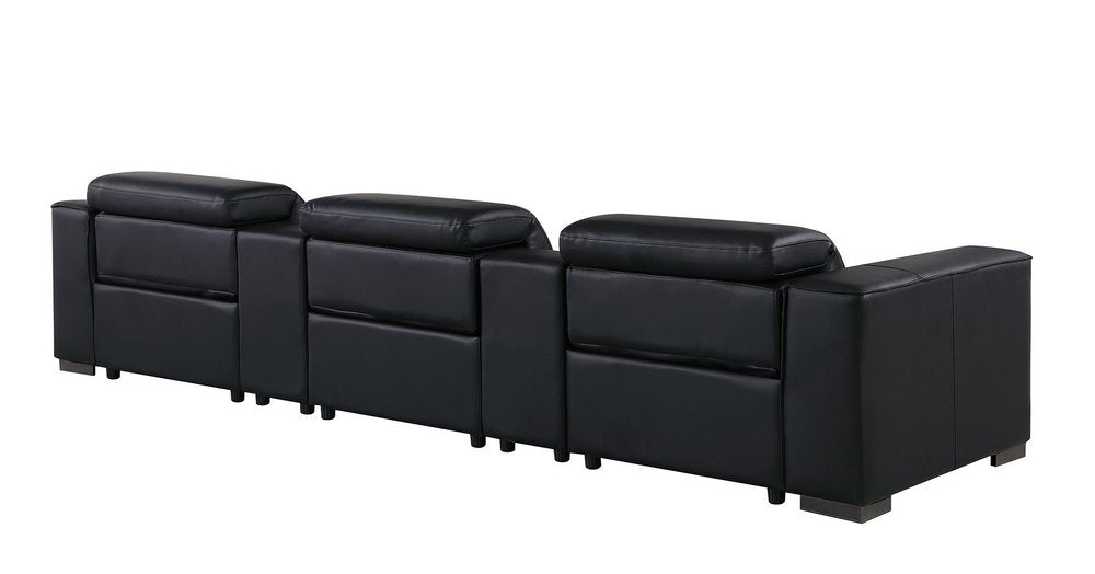 136" Black Top Grain Leather Reclining USB and Wireless Charger Sofa And Storage